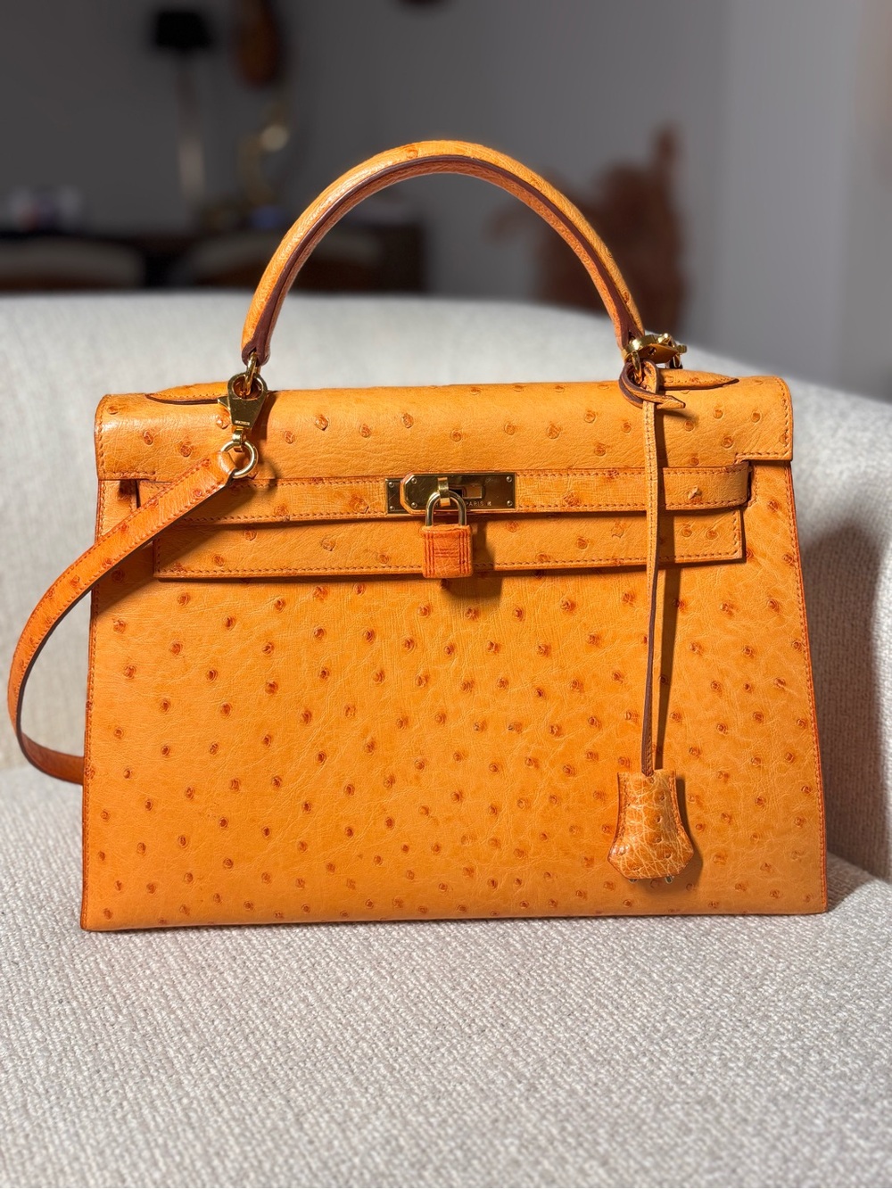 Authentic Hermes Kelly 32 Vintage 1998 Chestnut Ostrich leather with strap